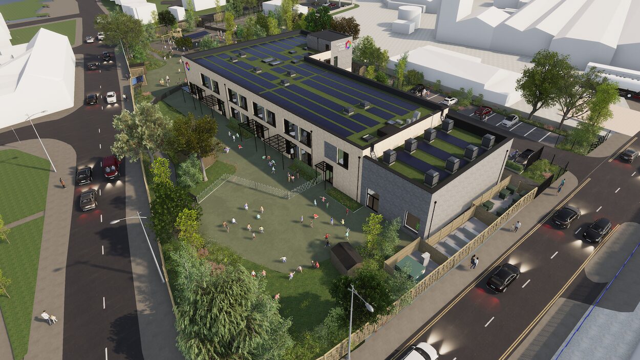 Aerial view of the Catherine Infant School in Leicester designed by Maber