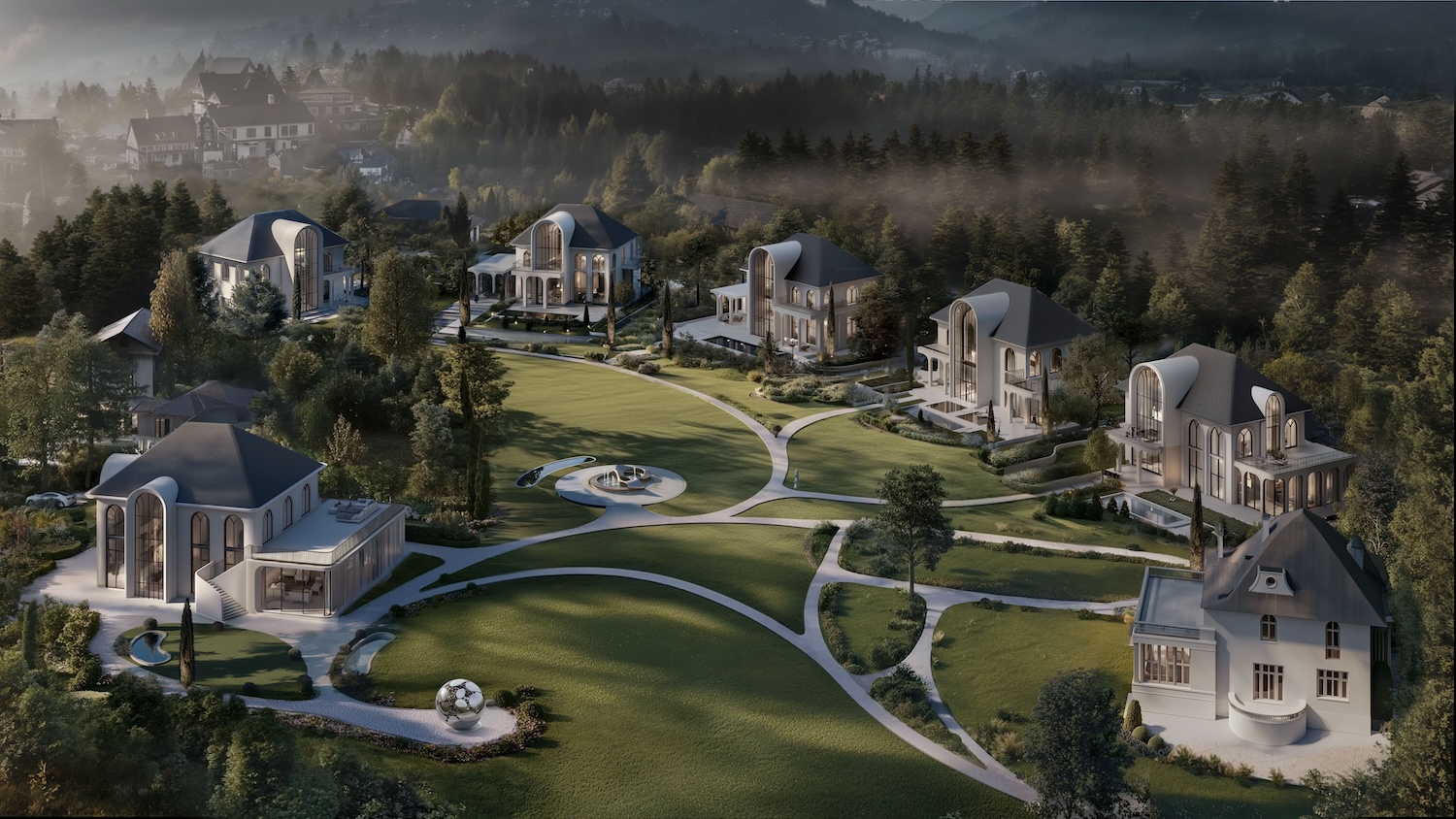 Image of the masterplan for a high-end luxury residential scheme in Slovenia driven by AI by AI-in-architecture evangelist Tim Fu AI-in-architecture evangelist Tim Fu has unveiled the masterplan for a high-end luxury residential scheme driven by AI. The Lake Bled Estate in Slovenia comprises six contemporary villas and the restoration of the historic Vila Epos on a 22,000 sq m site on the shore of Lake Bled in the Julian Alps.