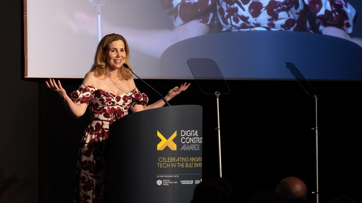 Sally Phillips on stage hosting the Digital Construction Awards 2025