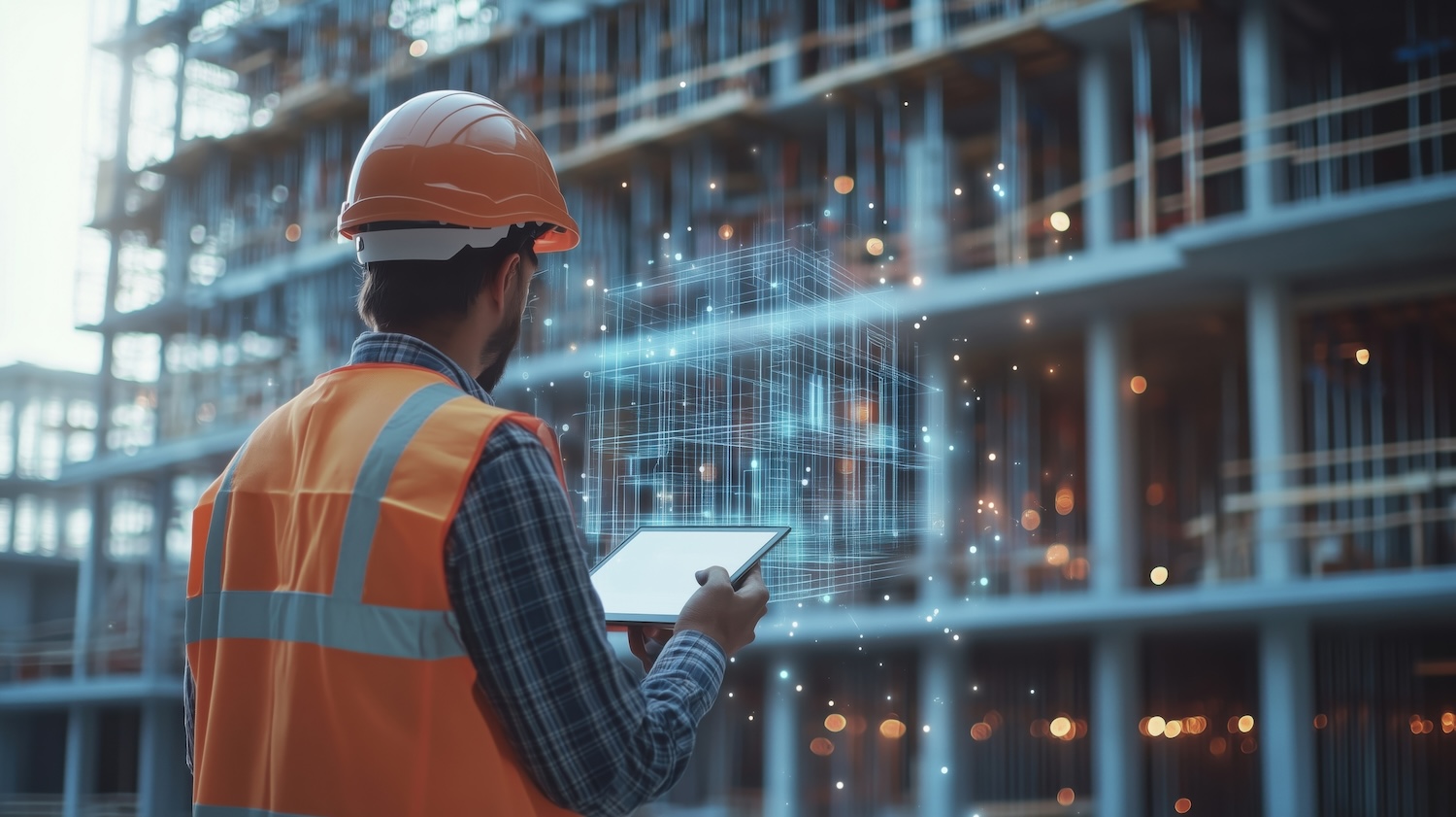 image of construction site worker using a digital model